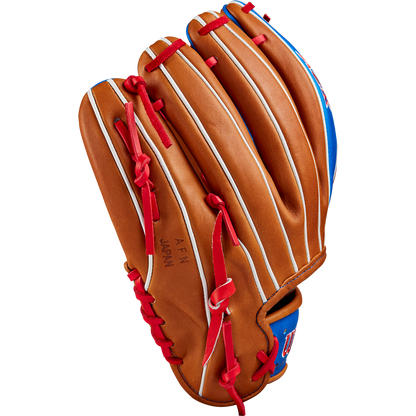 The Wilson A2K 1786 11.5" Mookie Betts GM Baseball Glove (FALL 2024) sits on a white background, highlighting its premium infield design and Pro Stock Select leather.