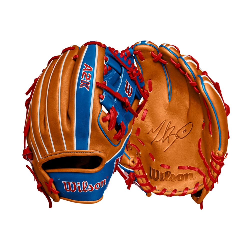 The Wilson A2K 1786 11.5" Mookie Betts GM Baseball Glove (FALL 2024, WBW102616115) features Pro Stock Select tan leather, blue and red accents, red lacing, and white stitching—perfect for any Mookie Betts fan.