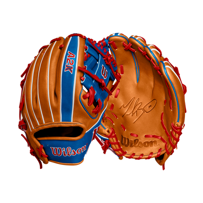 The Wilson A2K 1786 11.5" Mookie Betts GM Baseball Glove (FALL 2024, WBW102616115) features Pro Stock Select tan leather, blue and red accents, red lacing, and white stitching—perfect for any Mookie Betts fan.