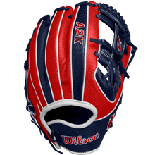 The Wilson A2K 1724SS 11.75" Baseball Glove (FALL 2024) features red and blue stripes and is crafted from Pro Stock Select leather for outstanding durability and feel.