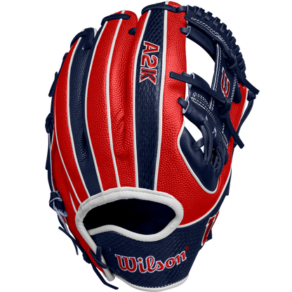 The Wilson A2K 1724SS 11.75" Baseball Glove (FALL 2024) features red and blue stripes and is crafted from Pro Stock Select leather for outstanding durability and feel.