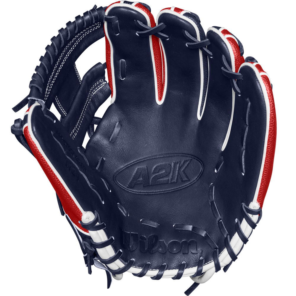 The Wilson A2K 1724SS 11.75" Baseball Glove (WBW1026171175) features navy blue, red, and white accents, premium Pro Stock Select leather, visible stitching, and embossed Wilson and A2K logos for lasting performance.