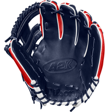 The Wilson A2K 1724SS 11.75" Baseball Glove (WBW1026171175) features navy blue, red, and white accents, premium Pro Stock Select leather, visible stitching, and embossed Wilson and A2K logos for lasting performance.