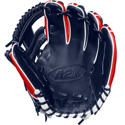The Wilson A2K 1724SS 11.75" Baseball Glove (WBW1026171175) features navy blue, red, and white accents, premium Pro Stock Select leather, visible stitching, and embossed Wilson and A2K logos for lasting performance.