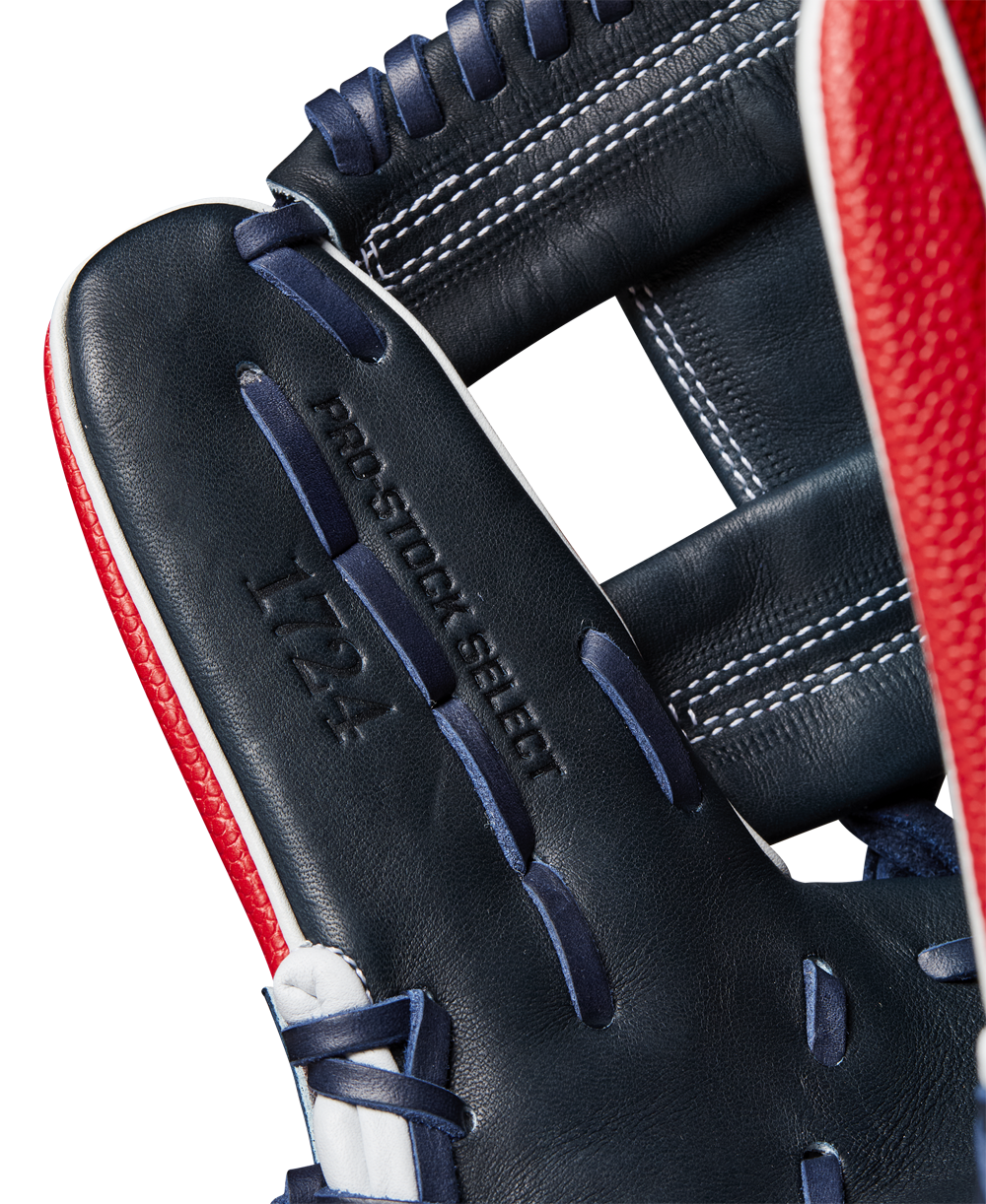 Close-up of the Wilson A2K 1724SS 11.75" Baseball Glove in dark blue with red and white accents, crafted from Pro Stock Select leather and featuring white stitching with "PRO STOCK SELECT 11.75”" embossed on it.