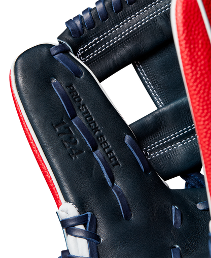 Close-up of the Wilson A2K 1724SS 11.75" Baseball Glove in dark blue with red and white accents, crafted from Pro Stock Select leather and featuring white stitching with "PRO STOCK SELECT 11.75”" embossed on it.