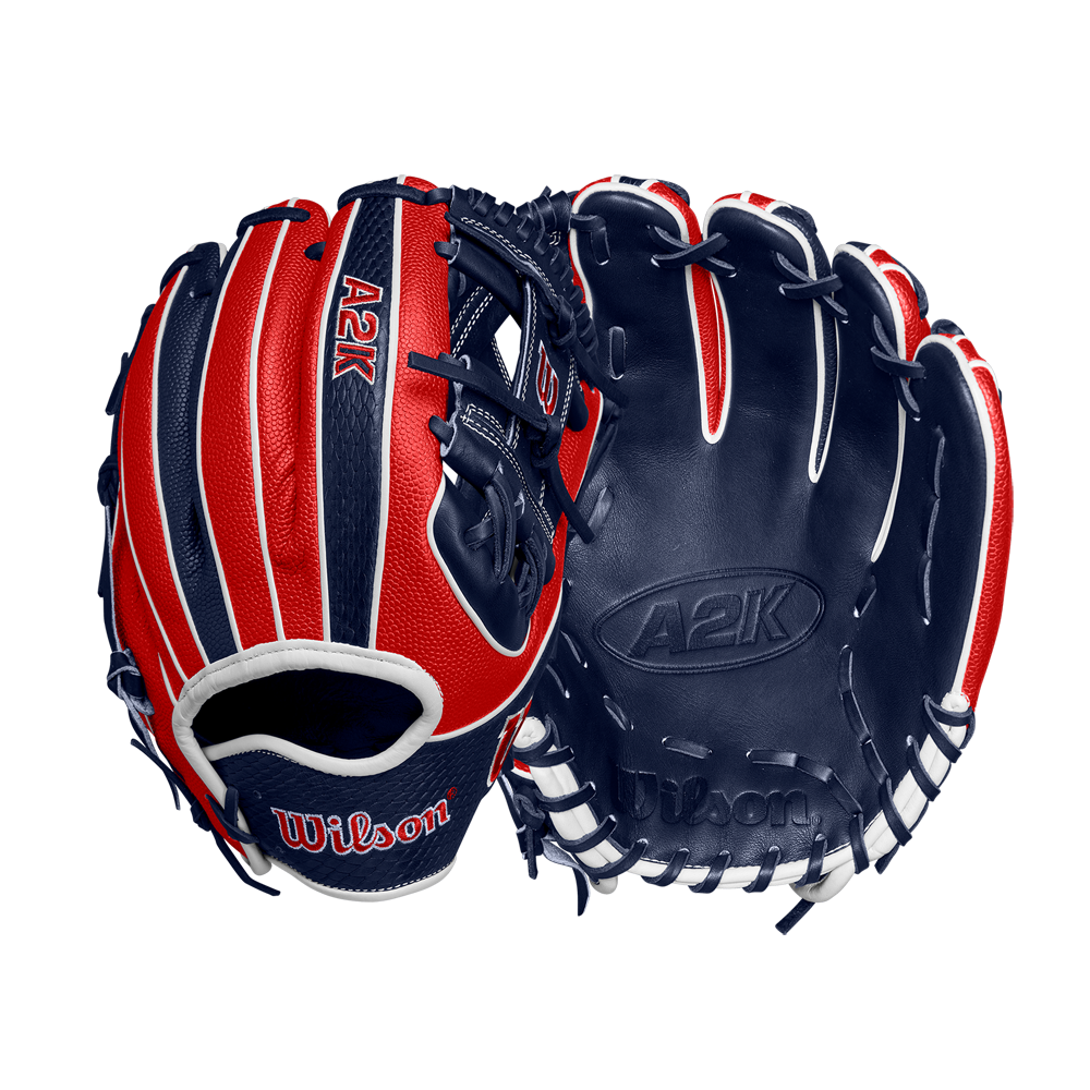 The Wilson A2K 1724SS 11.75" Baseball Glove (FALL 2024: WBW1026171175) by Wilson, crafted with Pro Stock Select leather in red, navy blue, and white, is shown front and back on a plain background with visible stitching and branding.