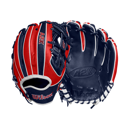 The Wilson A2K 1724SS 11.75" Baseball Glove (FALL 2024: WBW1026171175) by Wilson, crafted with Pro Stock Select leather in red, navy blue, and white, is shown front and back on a plain background with visible stitching and branding.