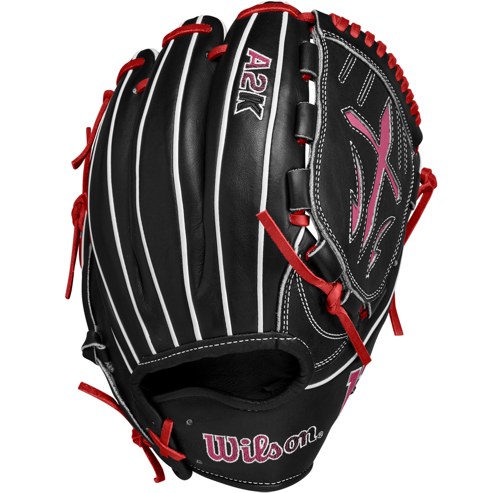 A Wilson A2K B23 12" Baseball Glove (FALL 2024, WBW10261812) in black Pro Stock leather, features red laces, white stitching, and pink embroidered accents; shown from the back on a white background.