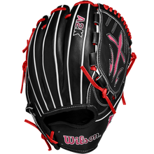 A Wilson A2K B23 12" Baseball Glove (FALL 2024, WBW10261812) in black Pro Stock leather, features red laces, white stitching, and pink embroidered accents; shown from the back on a white background.