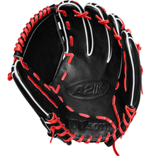 The Wilson A2K B23 12" Baseball Glove (FALL 2024: WBW10261812) by Wilson is shown open, highlighting its Pro Stock leather, black color, intricate stitching details, and striking red and white lacing.