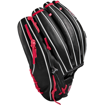 The Wilson A2K B23 12" Baseball Glove (FALL 2024) features red stripes, a unique Swordsman Web, and is crafted from premium Pro Stock leather.