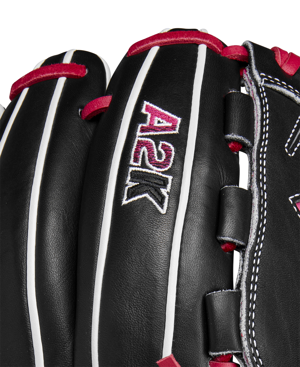 Close-up of the Wilson A2K B23 12" Baseball Glove (WBW10261812), featuring black Pro Stock leather, white and red A2K embroidery, white laces, and a detailed Swordsman Web. Part of Wilson’s Fall 2024 lineup.