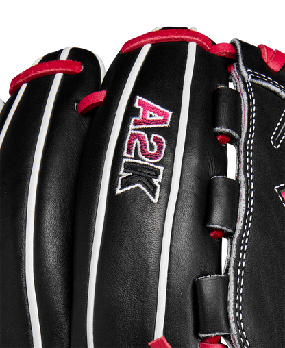 Close-up of the Wilson A2K B23 12" Baseball Glove (WBW10261812), featuring black Pro Stock leather, white and red A2K embroidery, white laces, and a detailed Swordsman Web. Part of Wilson’s Fall 2024 lineup.