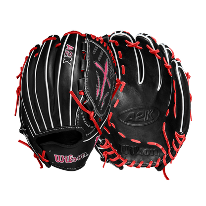 A close-up of the Wilson A2K B23 12" Baseball Glove (FALL 2024: WBW10261812), crafted from premium Pro Stock leather, showcases its exceptional quality and durability.