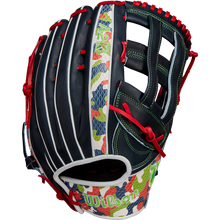 The Wilson A2K MH23 12.75" Michael Harris GM Baseball Glove (WBW1026201275) features Pro Stock Select leather with a black body, white stripes, red laces, green stitching, and colorful camo on the thumb and wrist.