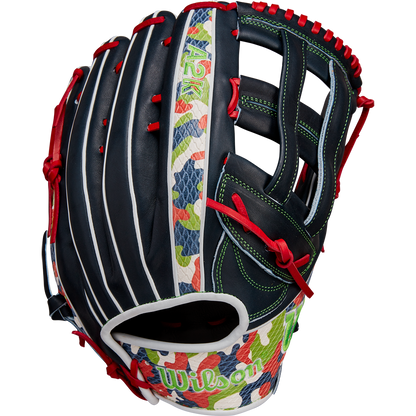 The Wilson A2K MH23 12.75" Michael Harris GM Baseball Glove (WBW1026201275) features Pro Stock Select leather with a black body, white stripes, red laces, green stitching, and colorful camo on the thumb and wrist.
