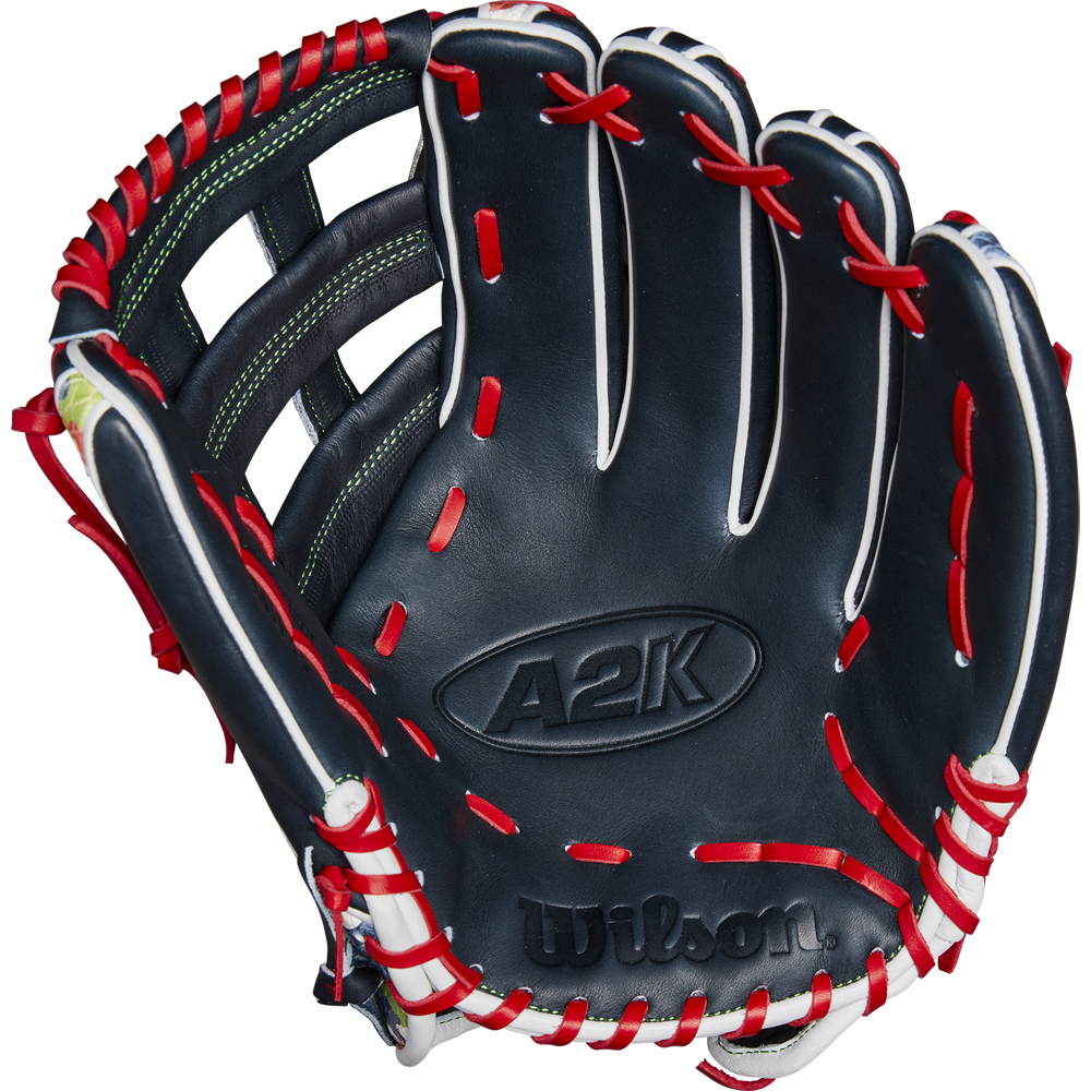 The Wilson A2K MH23 12.75" Michael Harris GM Baseball Glove (WBW1026201275) is shown palm-up against a white background. This black Wilson glove features red laces, white trim, green stitching, premium Pro Stock Select leather, and an open web design.