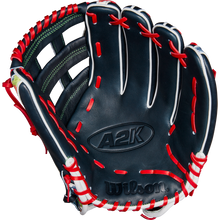 The Wilson A2K MH23 12.75" Michael Harris GM Baseball Glove (WBW1026201275) is shown palm-up against a white background. This black Wilson glove features red laces, white trim, green stitching, premium Pro Stock Select leather, and an open web design.