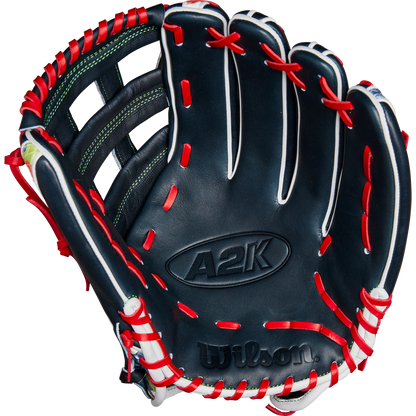 The Wilson A2K MH23 12.75" Michael Harris GM Baseball Glove (WBW1026201275) is shown palm-up against a white background. This black Wilson glove features red laces, white trim, green stitching, premium Pro Stock Select leather, and an open web design.