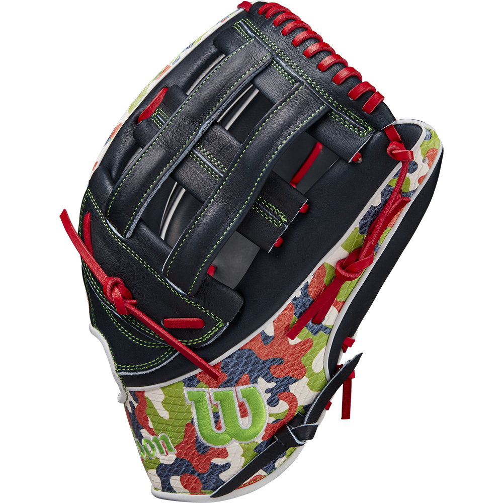 The Wilson A2K MH23 12.75" Michael Harris GM Baseball Glove (WBW1026201275) features camo print, black Pro Stock Select leather, red laces, green stitching, and a green W logo on the thumb—all shown on a white background.