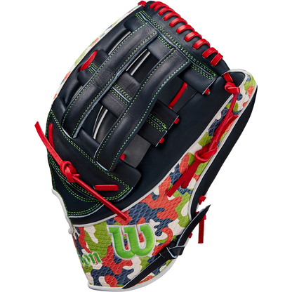 The Wilson A2K MH23 12.75" Michael Harris GM Baseball Glove (WBW1026201275) features camo print, black Pro Stock Select leather, red laces, green stitching, and a green W logo on the thumb—all shown on a white background.
