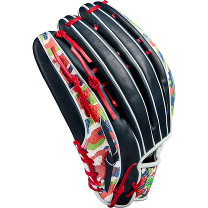 The Wilson A2K MH23 12.75" Michael Harris GM Baseball Glove features dark blue Pro Stock Select leather, red laces, white piping, and a bold floral and leaf pattern—expertly crafted for outfield play and inspired by Michael Harris.
