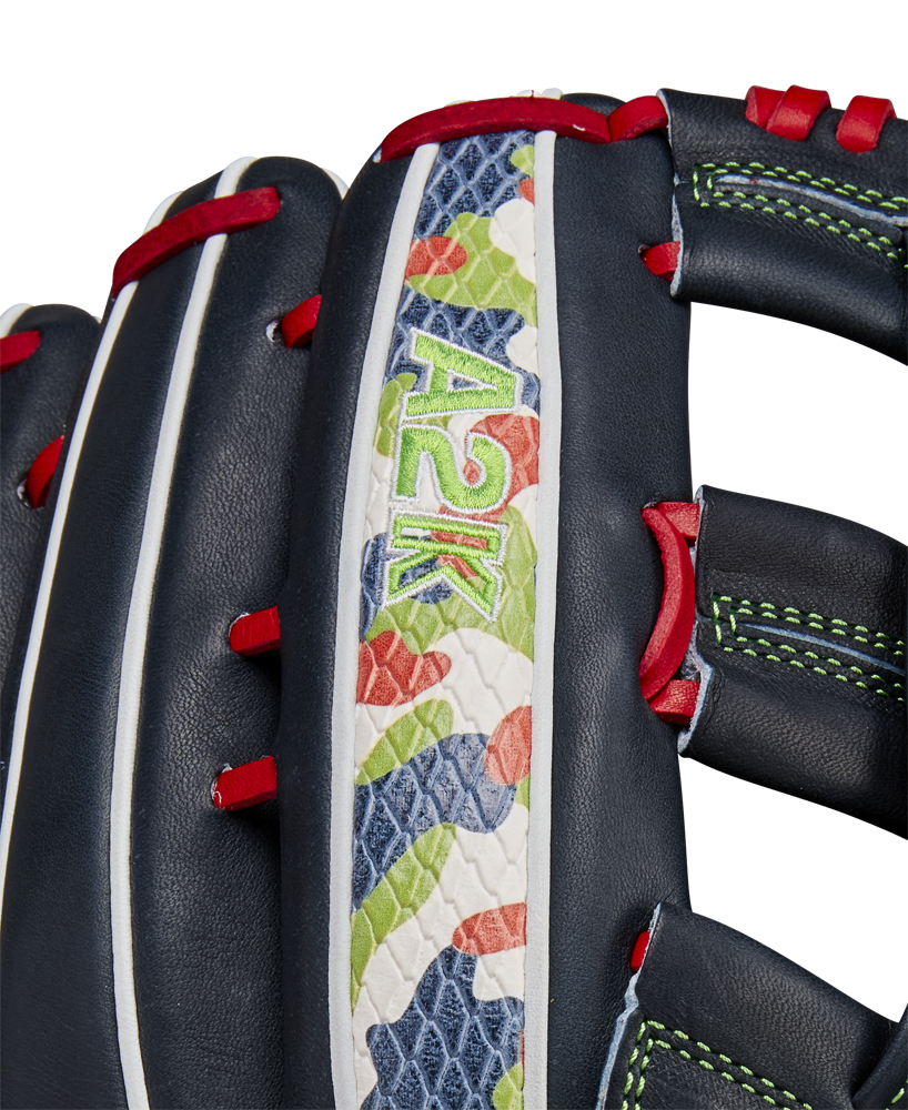 A close-up of the Wilson A2K MH23 12.75" Michael Harris GM Baseball Glove (WBW1026201275), made with Pro Stock Select leather—ideal for outfielders wanting top quality and performance.