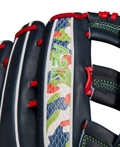 A close-up of the Wilson A2K MH23 12.75" Michael Harris GM Baseball Glove (WBW1026201275), made with Pro Stock Select leather—ideal for outfielders wanting top quality and performance.