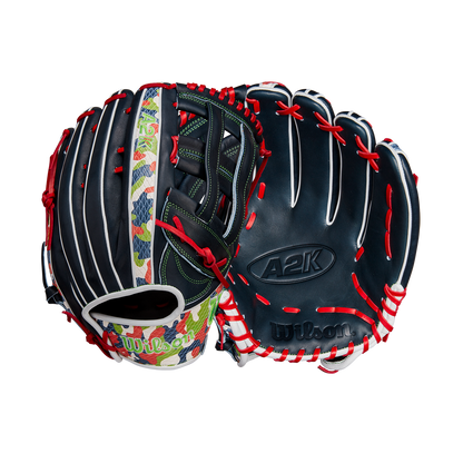 The Wilson A2K MH23 12.75" Michael Harris GM glove features navy blue Pro Stock Select leather, white/red laces, a colorful thumb strip, green stitching, and Wilson branding.