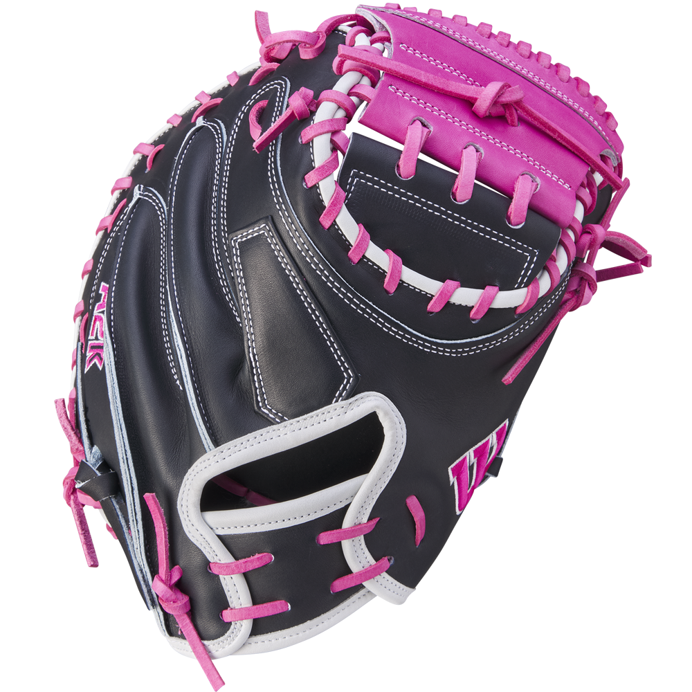 The Wilson A2K M23 33.5" Catcher's Mitt (WBW102622335) is black with pink laces and accents, white trim and stitching, crafted from Pro Stock Select leather, and shown on a white background.