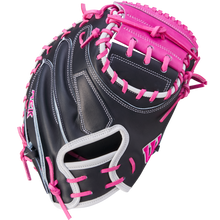 The Wilson A2K M23 33.5" Catcher's Mitt (WBW102622335) is black with pink laces and accents, white trim and stitching, crafted from Pro Stock Select leather, and shown on a white background.
