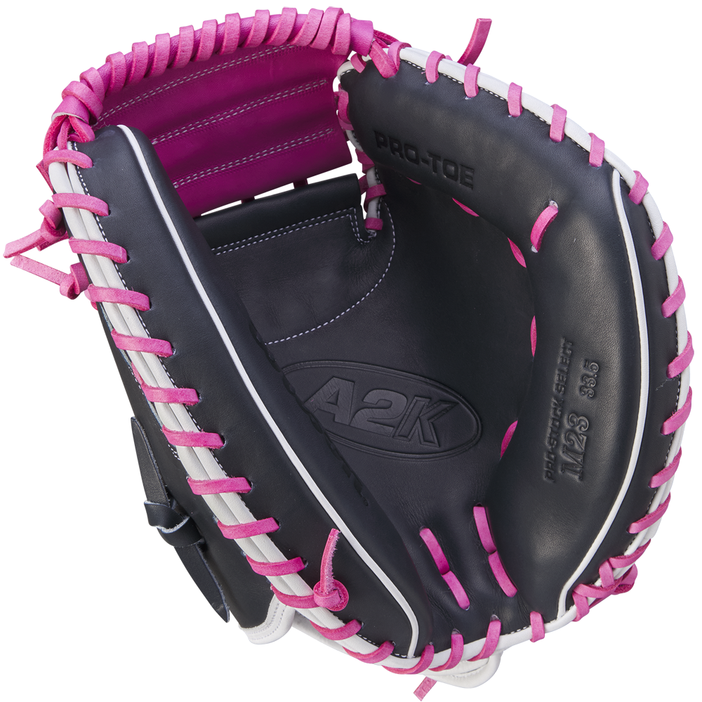 The Wilson A2K M23 33.5" Catcher's Mitt (WBW102622335) features black Pro Stock Select leather with pink laces and lining, plus PRO-TOE and A2K embossed inside.