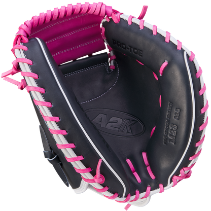 The Wilson A2K M23 33.5" Catcher's Mitt (WBW102622335) features black Pro Stock Select leather with pink laces and lining, plus PRO-TOE and A2K embossed inside.