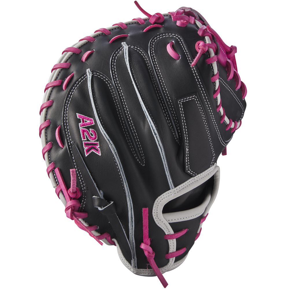 The Wilson A2K M23 33.5" Catcher's Mitt (WBW102622335) features black and pink Pro Stock Select leather.