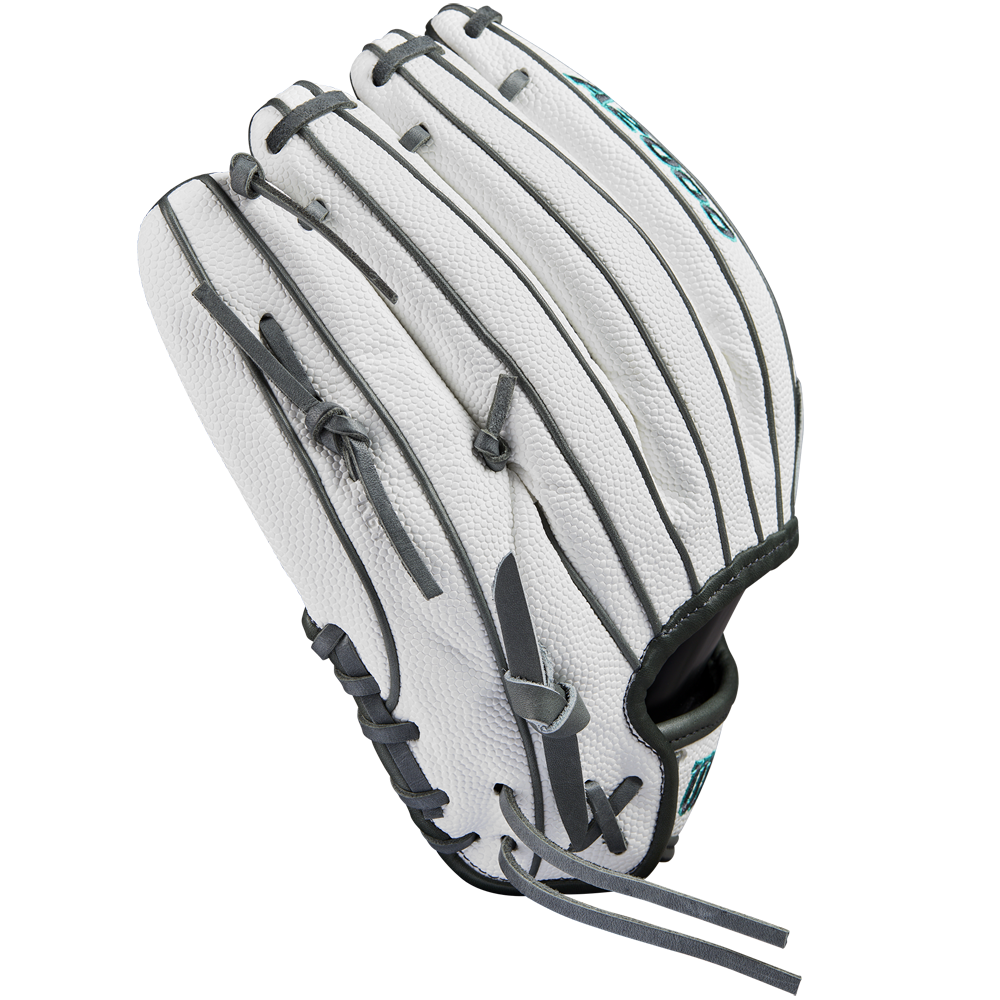 The Wilson A2000 H75SS 11.75" Fastpitch Glove (WBW1026231175) by Wilson is shown from the back, highlighting its white leather, grey laces, teal accents, and SuperSkin detailing against a plain white background.