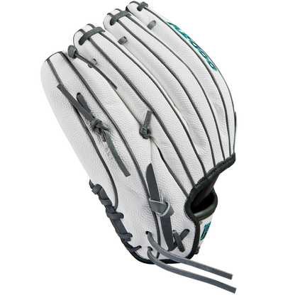 The Wilson A2000 H75SS 11.75" Fastpitch Glove (WBW1026231175) by Wilson is shown from the back, highlighting its white leather, grey laces, teal accents, and SuperSkin detailing against a plain white background.