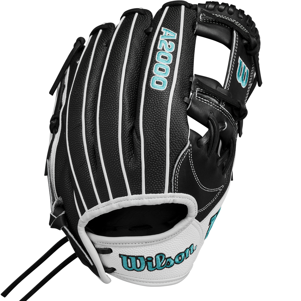 The Wilson A2000 H12SS 12" Fastpitch Glove (WBW10262412) features a black design with white stripes, teal stitching, white accents, and durable SuperSkin. The Wilson logo is shown on the wrist strap and thumb area.