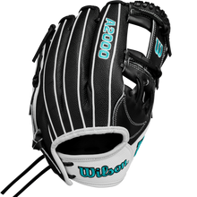 The Wilson A2000 H12SS 12" Fastpitch Glove (WBW10262412) features a black design with white stripes, teal stitching, white accents, and durable SuperSkin. The Wilson logo is shown on the wrist strap and thumb area.