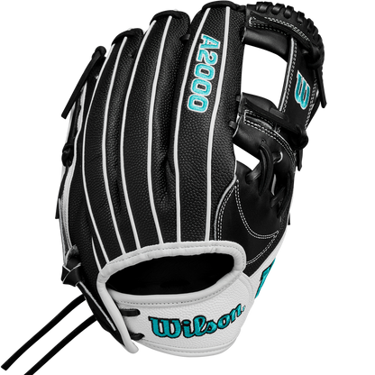The Wilson A2000 H12SS 12" Fastpitch Glove (WBW10262412) features a black design with white stripes, teal stitching, white accents, and durable SuperSkin. The Wilson logo is shown on the wrist strap and thumb area.
