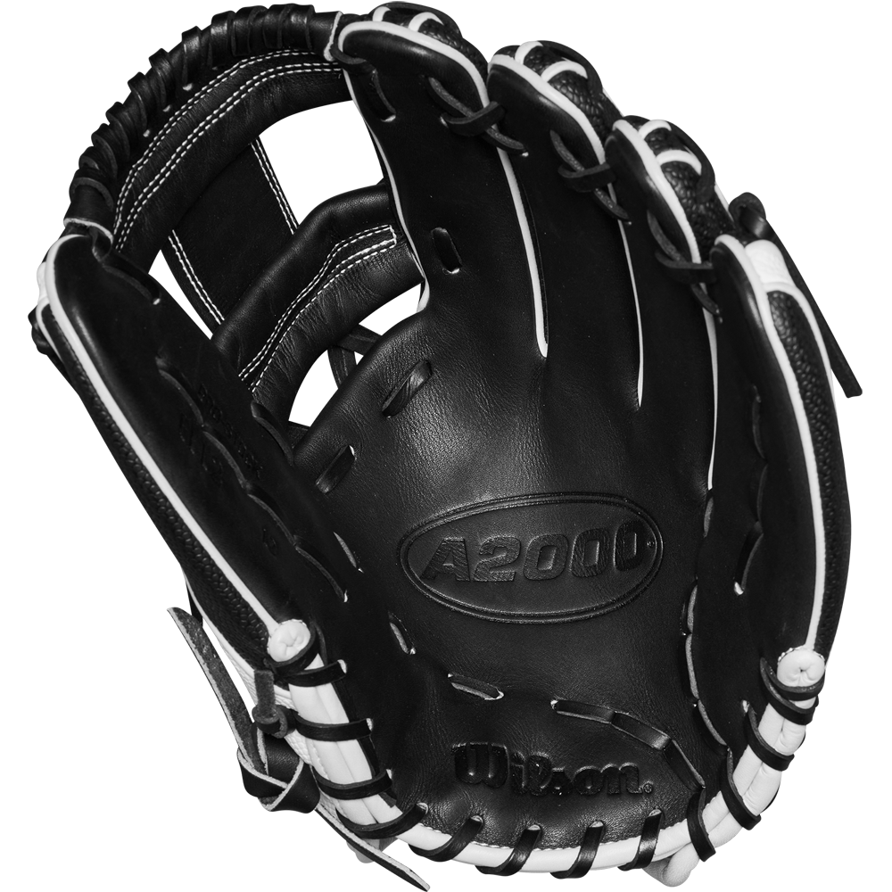 A Wilson A2000 H12SS 12" Fastpitch Glove (WBW10262412) in black with white laces and stitching is shown open, palm up, highlighting the Wilson branding and model name embossed on the leather.