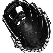A Wilson A2000 H12SS 12" Fastpitch Glove (WBW10262412) in black with white laces and stitching is shown open, palm up, highlighting the Wilson branding and model name embossed on the leather.