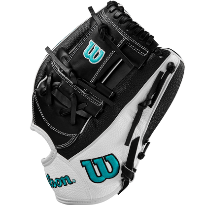 A Wilson A2000 H12SS 12" Fastpitch Glove (WBW10262412) in black and white with teal Wilson logos, black laces, and durable SuperSkin, is photographed against a plain white background.