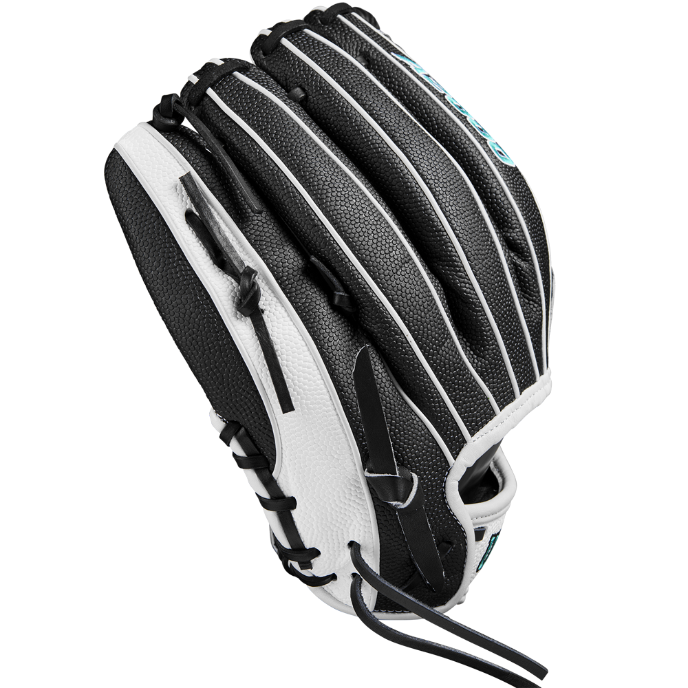 The Wilson A2000 H12SS 12" Fastpitch Glove (WBW10262412) features a black and white design with blue stitching, SuperSkin material, a closed web, black laces, and a textured outer surface. Brand: Wilson.