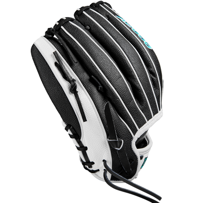 The Wilson A2000 H12SS 12" Fastpitch Glove (WBW10262412) features a black and white design with blue stitching, SuperSkin material, a closed web, black laces, and a textured outer surface. Brand: Wilson.