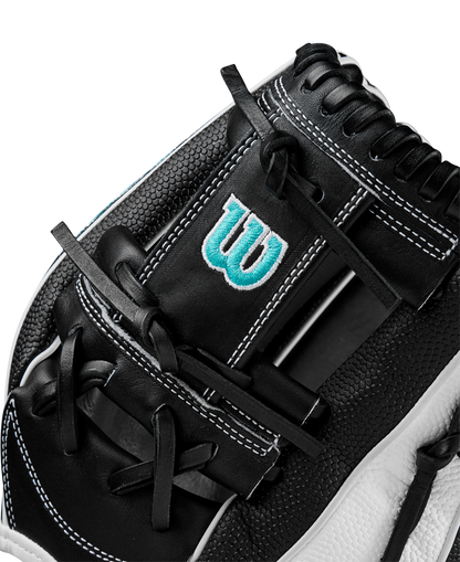 Close-up of a Wilson A2000 H12SS 12" Fastpitch Glove (WBW10262412) in black leather with white stitching and laces, durable SuperSkin, and a blue and white embroidered W logo on the wrist.