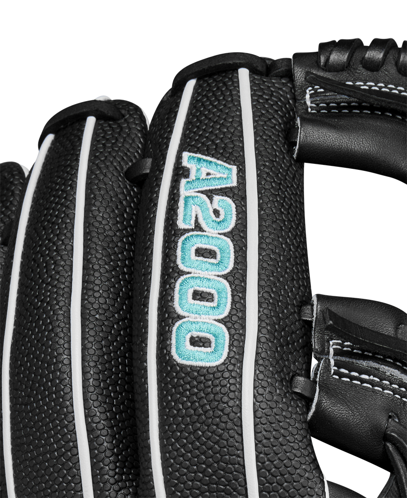 Close-up of the Wilson A2000 H12SS 12" Fastpitch Glove (WBW10262412) in black with white stitching, teal and white A2000 embroidery on the back, and durable SuperSkin construction.