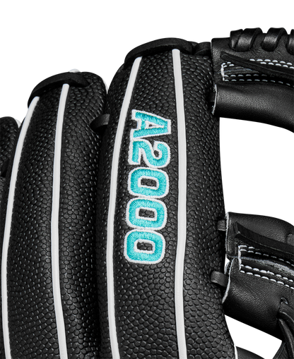 Close-up of the Wilson A2000 H12SS 12" Fastpitch Glove (WBW10262412) in black with white stitching, teal and white A2000 embroidery on the back, and durable SuperSkin construction.
