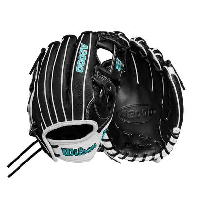 Two black Wilson A2000 H12SS 12" Fastpitch Gloves (WBW10262412) with white and teal accents are shown, one palm up and one showing the back, featuring the Wilson brand and signature SuperSkin material.