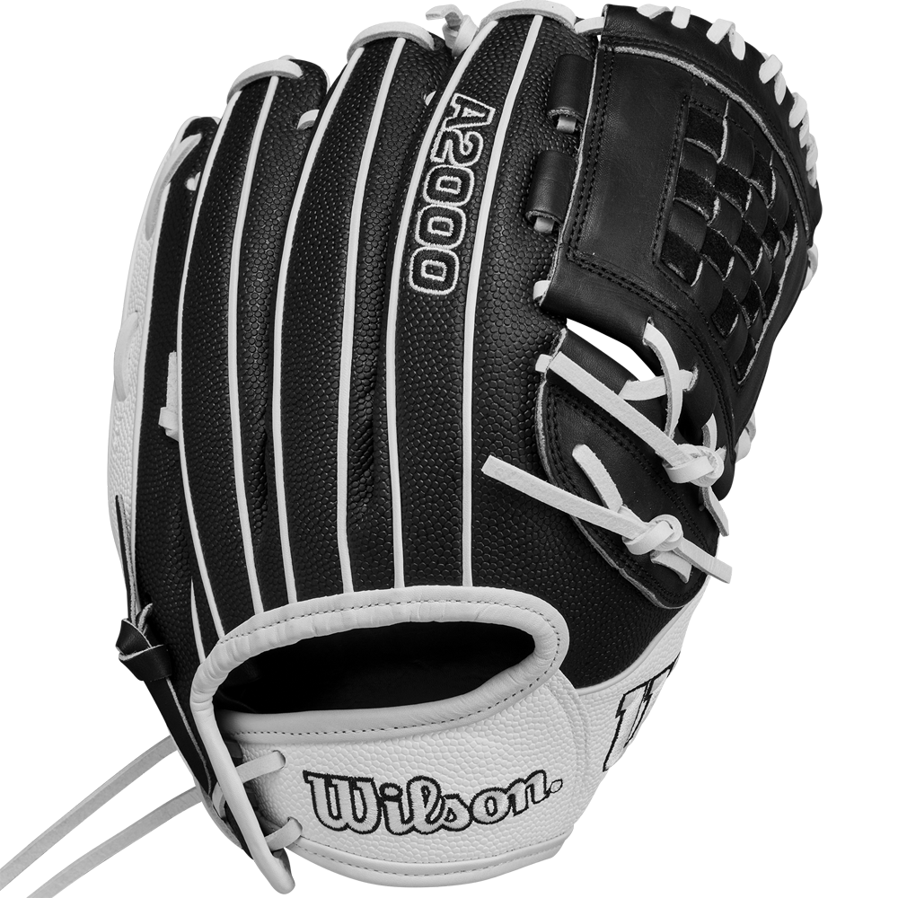 A Wilson A2000 P12 12" Fastpitch Glove (WBW10267512) in black and white with white laces and stitching, shown from the back with the Wilson logo by the wrist.